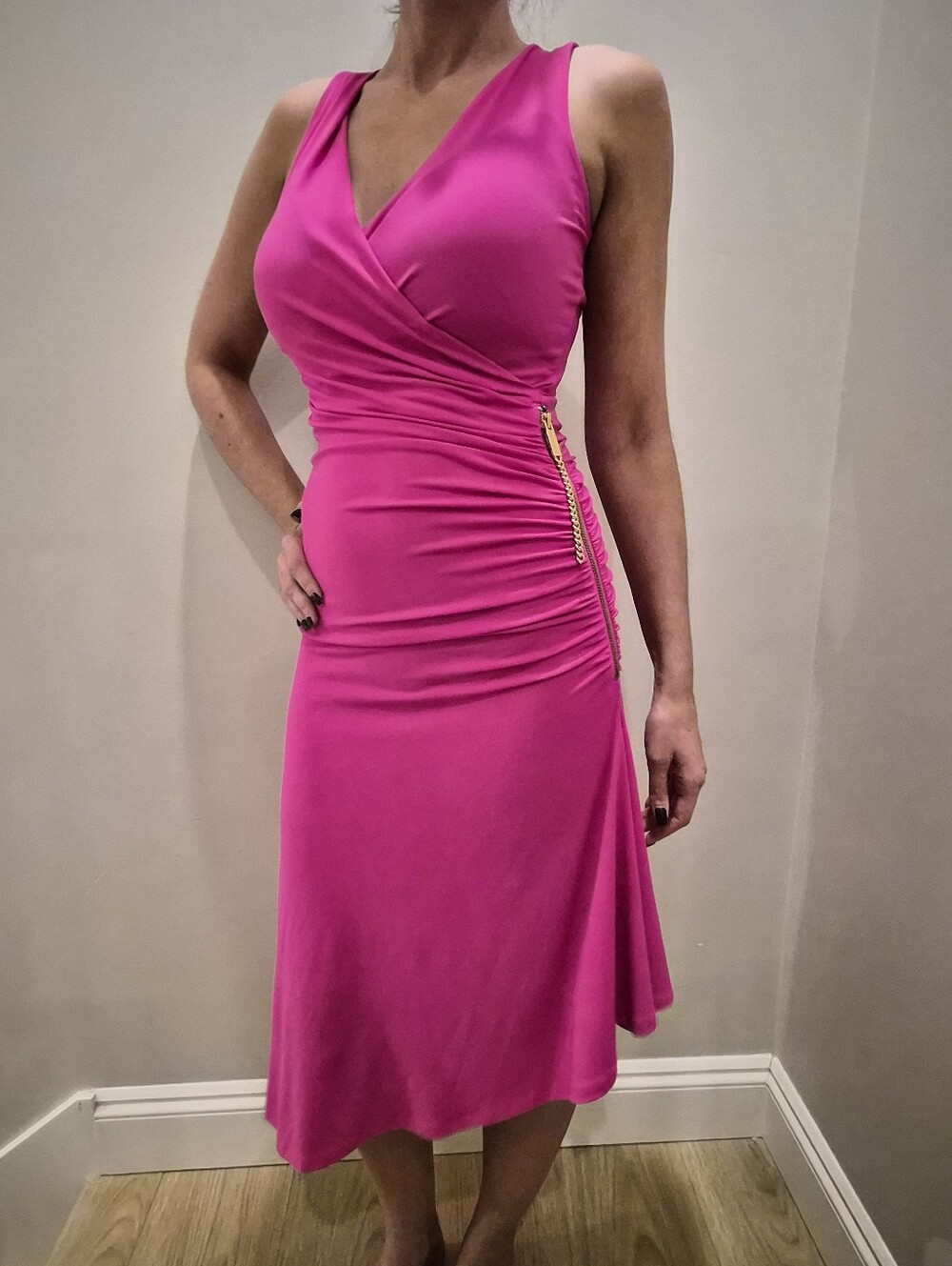 Michael Kors Fuchsia Sleeveless V-Neck Midi Dress with Side Zip